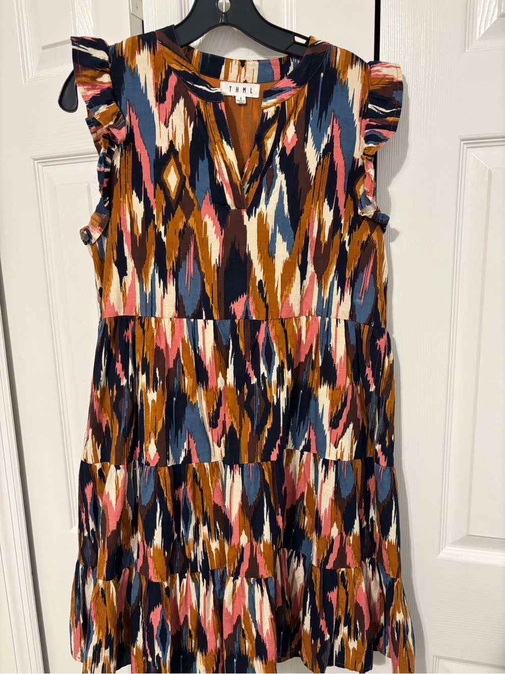 THML Multicolor Ikat Tiered Flutter-Sleeve Dress - Navy/Pink/Brown